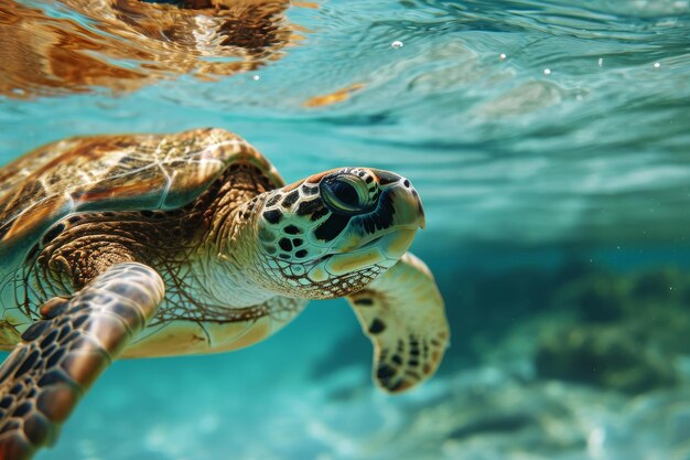Swimming turtle Underwater wildlife panorama Coral reef with wild sea turtles AI generated