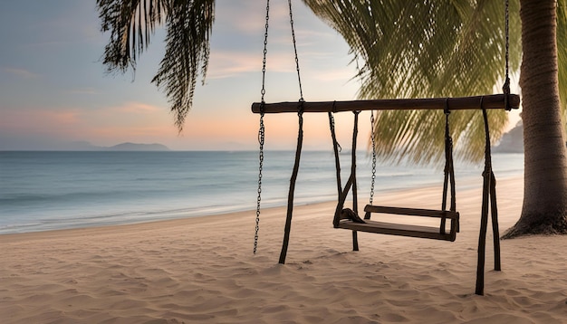 a swing on the beach with the ocean in the background