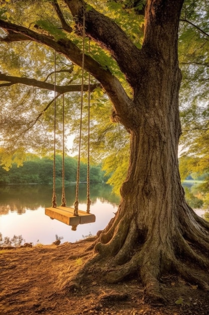 Photo swing hanging from a sturdy branch of a large tree created with generative ai