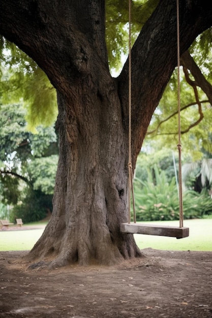 Swing hanging from a sturdy branch of a large tree created with generative ai