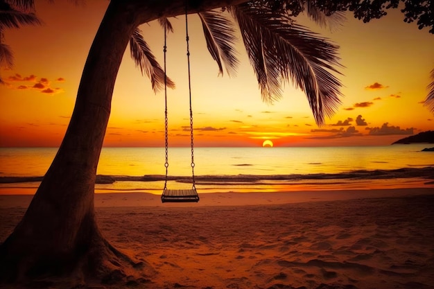 Swing hanging from tree on the beach at sunset Generative AI