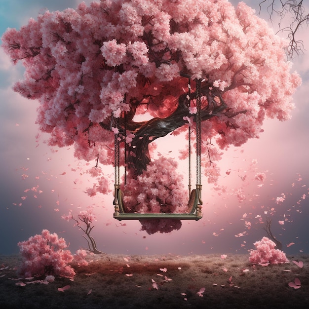 Foto pendente da un albero coperto di fiori rosa generativo ai