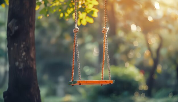 Photo a swing is suspended from a tree branch