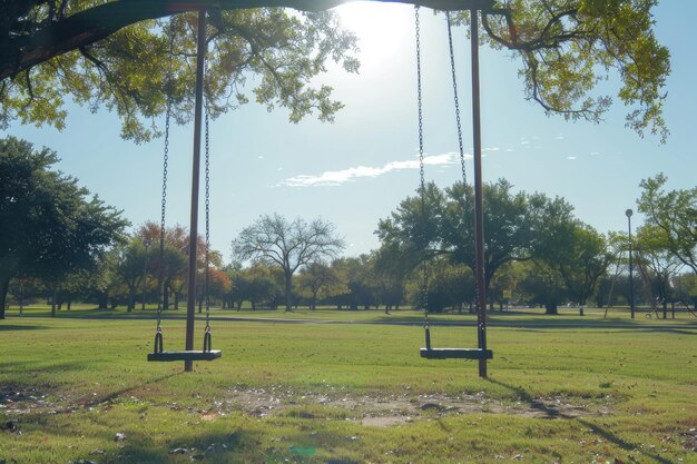 Photo a swing in a park with trees in the background suitable for outdoor recreation concepts