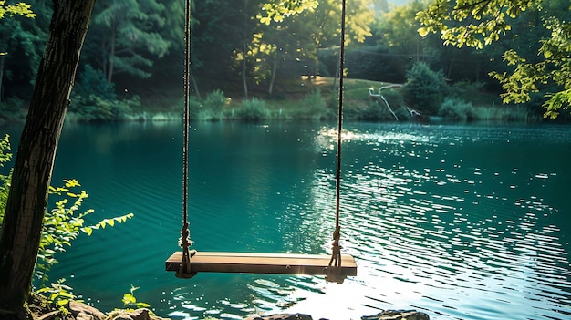 Photo a swing that has a picture of a lake with trees in the background