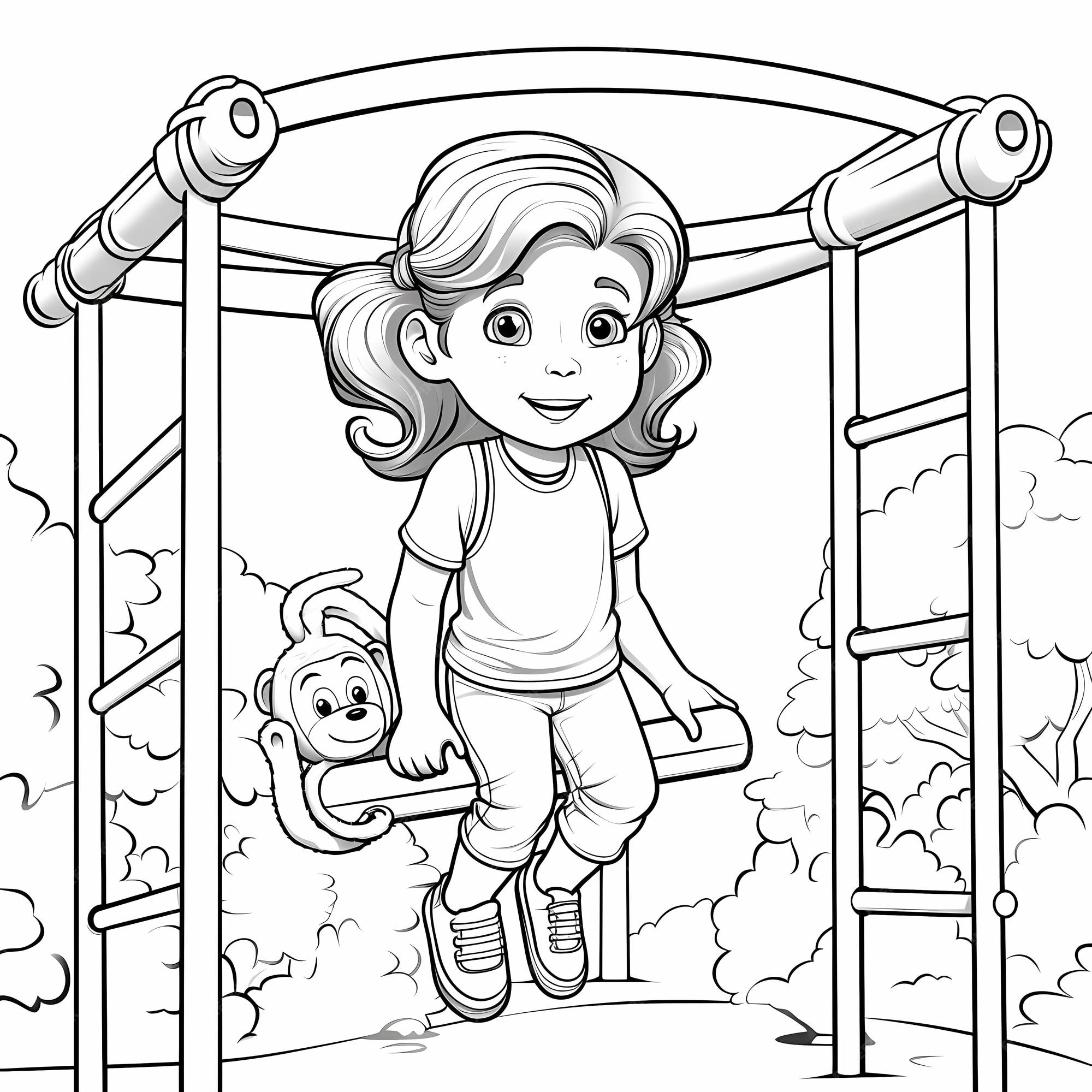 Premium AI Image Swinging Fun Coloring Page of a Girl on Monkey Bars
