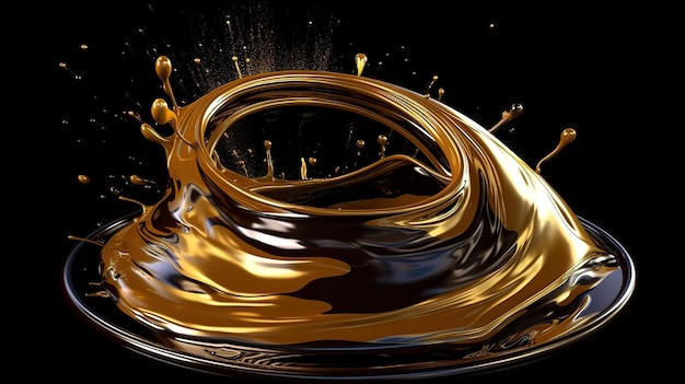 Swirl cosmetic oil golden splashing clip art on black background Generative Ai