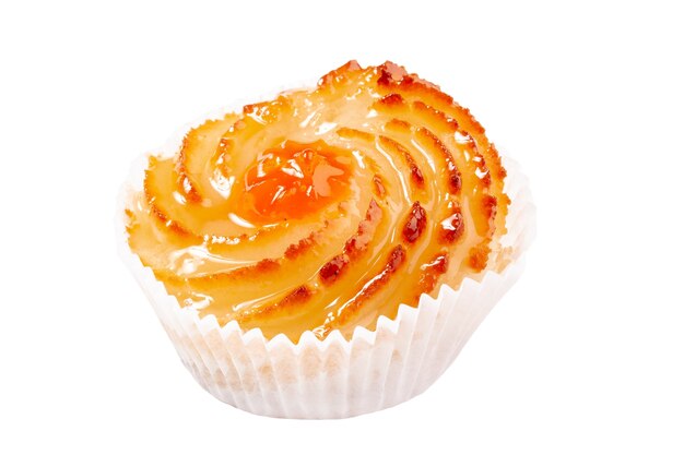 Swirl shaped muffin with fruit jam isolated on white