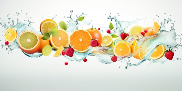 Foto swirl spruzzo d'acqua con frutta flusso liquido con cubetti di ghiaccio e un mix di frutta fresca