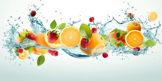 Foto spruzzi d'acqua a vortice con flusso liquido di frutta con cubetti di ghiaccio e un mix di frutta fresca