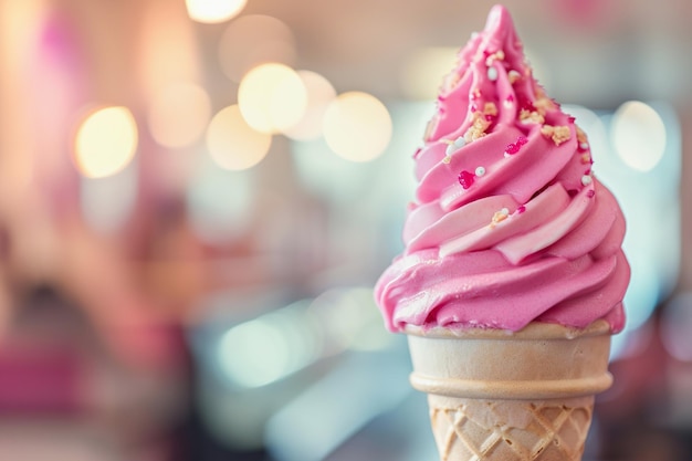 Swirled pink soft serve ice cream in crisp cone