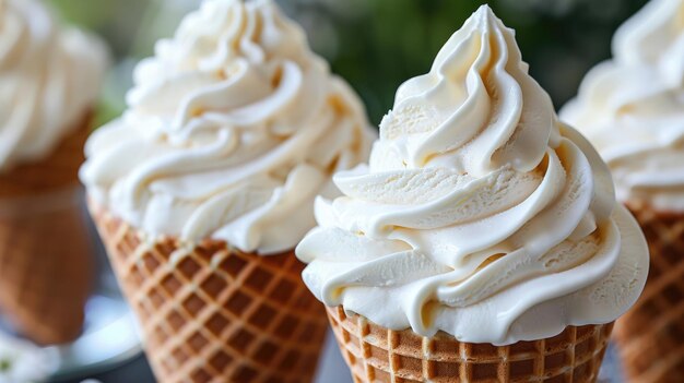 Swirled soft serve ice cream in a classic waffle cone Cold