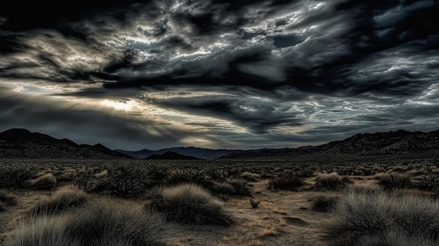 Swirling clouds in a dark landscape AI generated