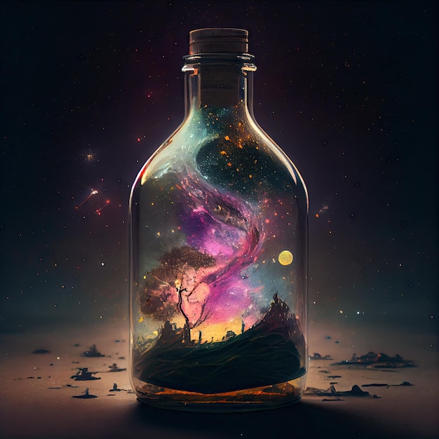 Swirling dust starry of galaxy in the glass bottle with capping in cyberpunk