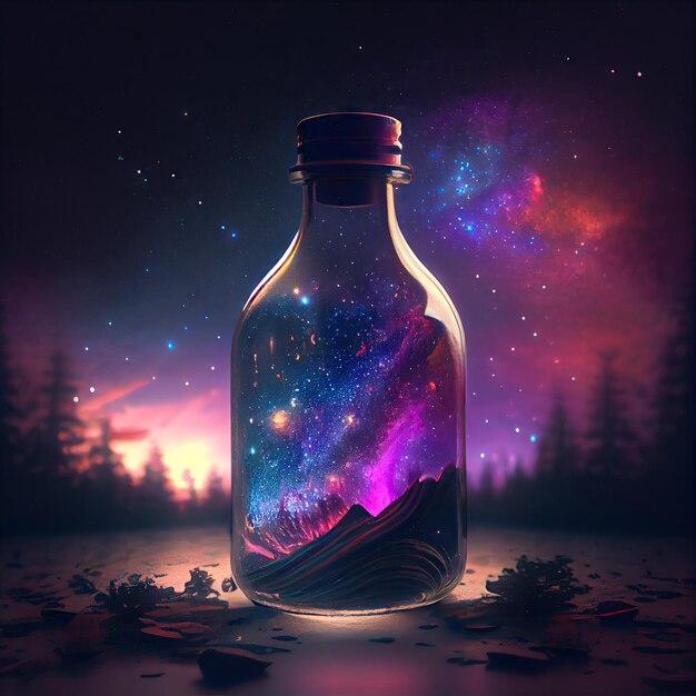 Swirling dust starry of galaxy in the glass bottle with capping in cyberpunk