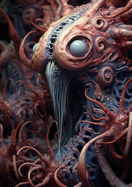 Swirling entangled fractalcore biomechanical creature's eerie and unsettling mimicry of humanity