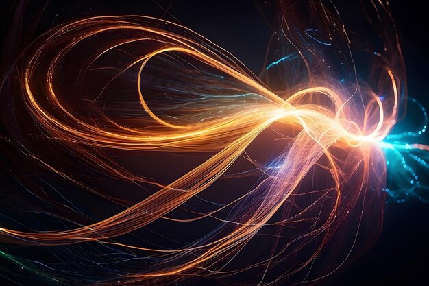 Photo swirling fiberoptic cables with glowing light points design