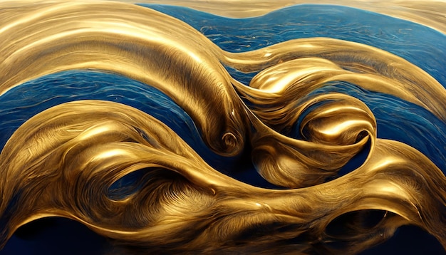 Swirling golden and blue glistening golden solid liquid waves ultra realistic vibrations wave functions twisted lines and textures seamless textile fulldrop repeated surface pattern geometric