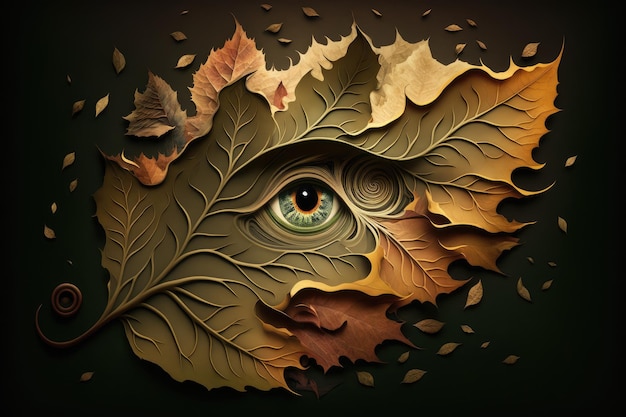 Swirling leaf with cartoon characters face in the center