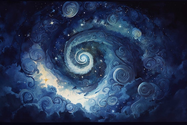 swirling night sky, with stars, blue