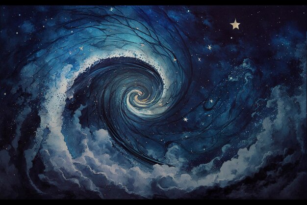 swirling night sky, with stars, blue