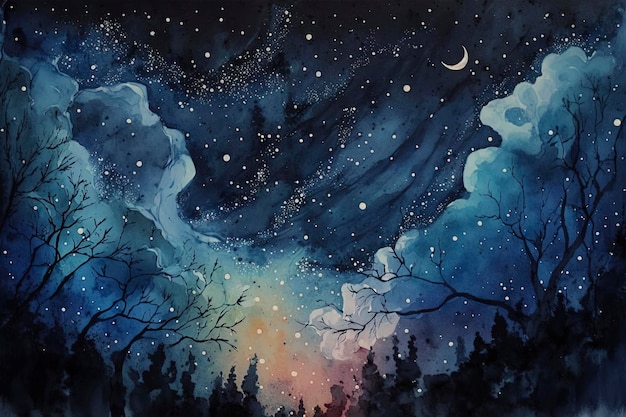 swirling night sky, with stars, blue