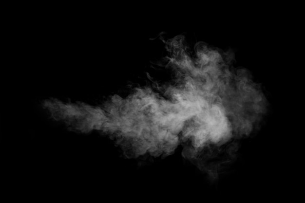 A swirling vertical vapor isolated on a black background for overlaying on your photos Fragment of horizontal steam Abstract smoky background design element