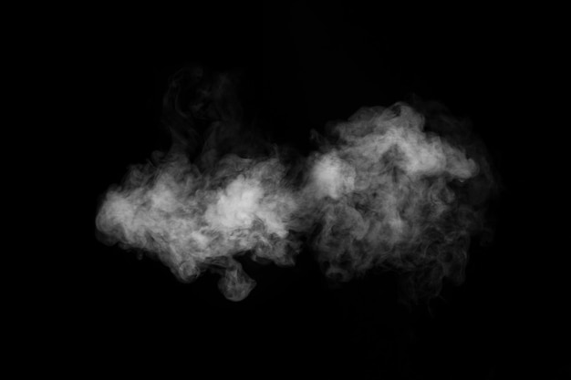 Swirling wriggling smoke steam isolated on a black background for overlaying on your photos Fragment of horizontal steam