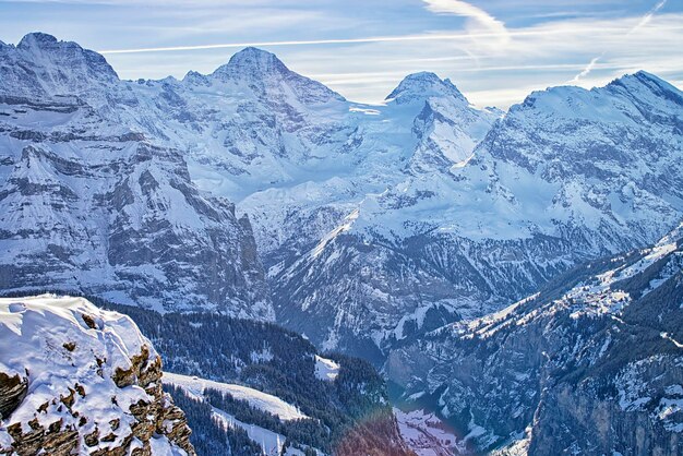 Swiss alpine peaks ridge at Jungfrau region  in winter