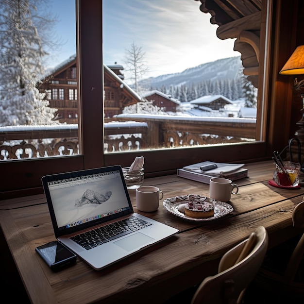 A Swiss chalet covered in snow a laptop on a wooden table by a frosted window