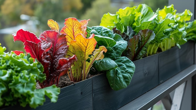 Swiss chard groenten en andere thuis groeiende planten met een ochtend zonlicht en een kopie ruimte Generatieve AI