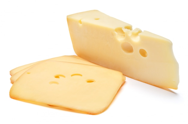 Swiss cheese or cheddar on white space