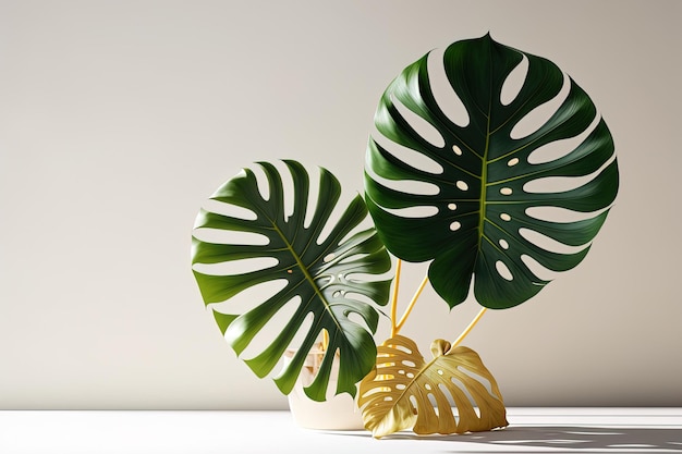 Photo swiss cheese plant two solitary monstera leaves from a tropical forest and a white backdrop