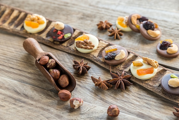 Swiss chocolate candies with nuts and dried fruits