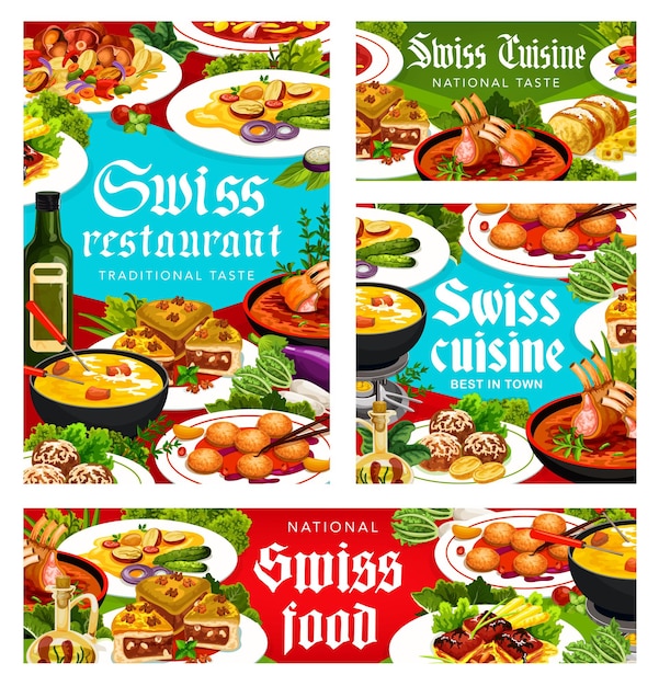 Swiss cuisine vector Switzerland food posters set