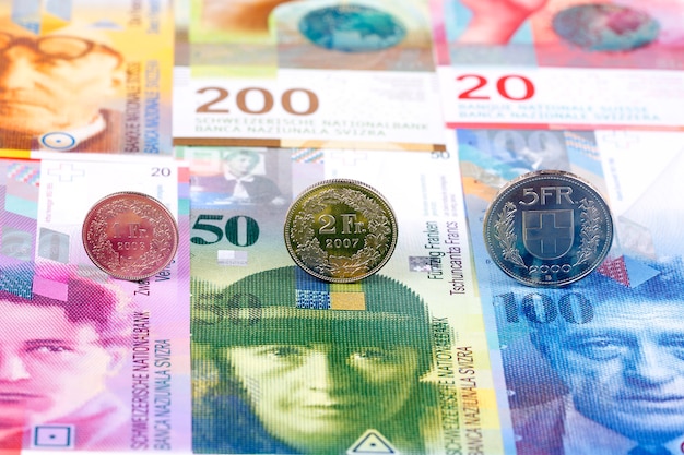 Swiss Franc coins on the background of banknotes 