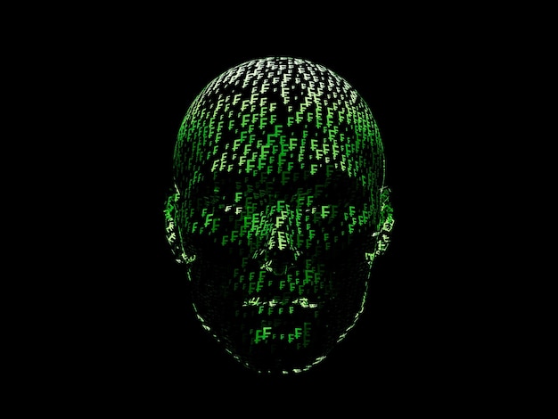 Swiss Franc Currency Face Head Cyborg Abstract Furistic Hologram Technology 3D Render