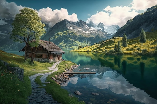 Швейцарский пейзаж с домом, озером, горами и соснами Швейцария, летний пейзаж, фон AI