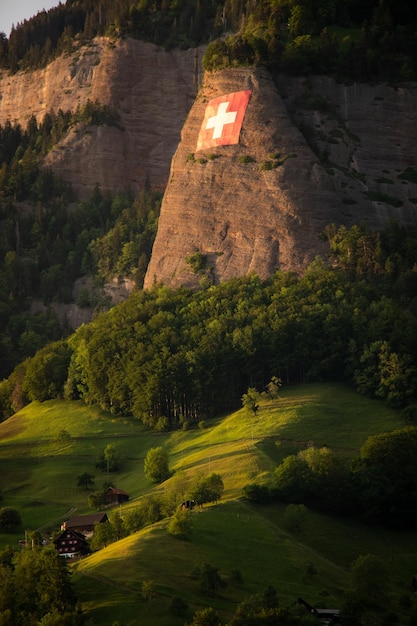 スイスの国旗とスイスの山 landscpae