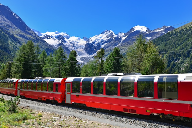 Swiss mountain train Bernina Express crossed Alps