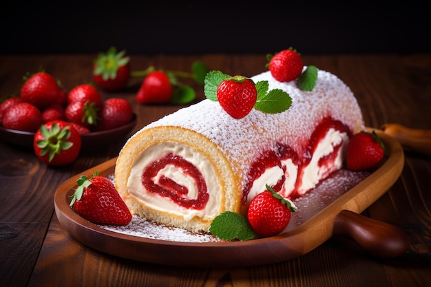 Swiss roll cake with red jelly and white cream
