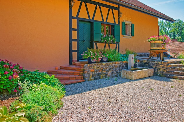 Swiss Village House at Yverdon les Bains of Jura Nord Vaudois district of Canton Vaud, Switzerland.