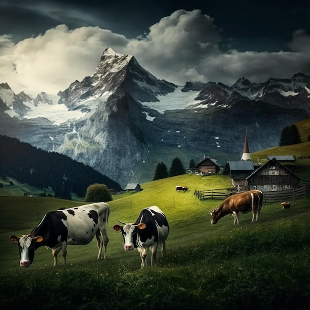Swiss Weiland in de buurt van Grunewald begraasd door koeien AI