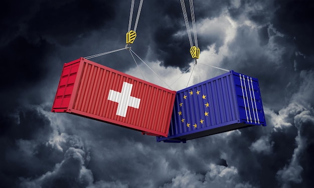 スイスとヨーロッパの貿易戦争の概念が貨物コンテナを衝突させるdレンダリング
