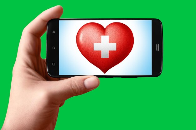 Switzerland flag in the shape of a heart on the phone screen Smartphone in hand