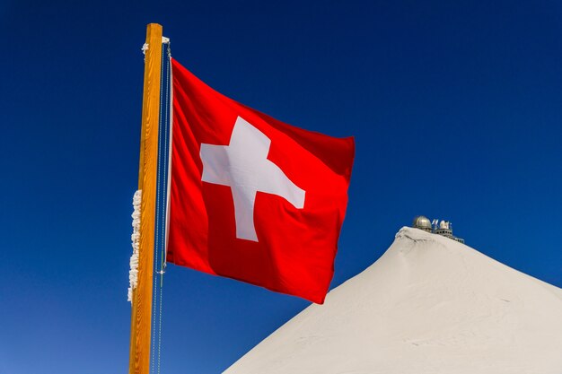 Switzerland flag and sphinx observatory  at top of jungfraujoch