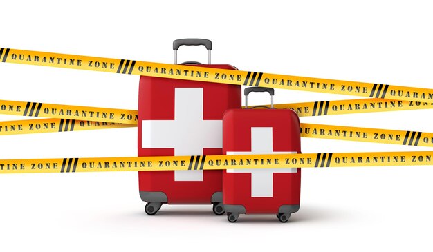 Switzerland flag suitcase covered in quarantine zone tape d render