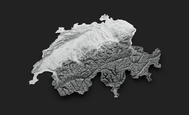 Photo switzerland map flag shaded relief color height map on black background 3d illustration