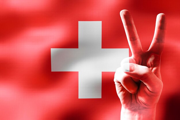 スイス 平和のサインと国旗を示す2本の指