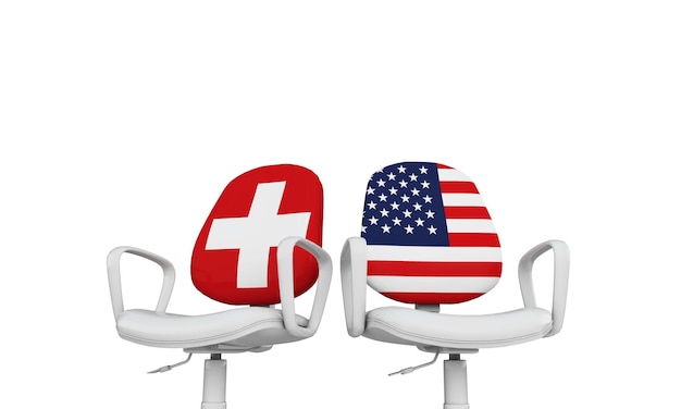 Switzerland and USA business chairs Internationl relationship concept 3D Rendering